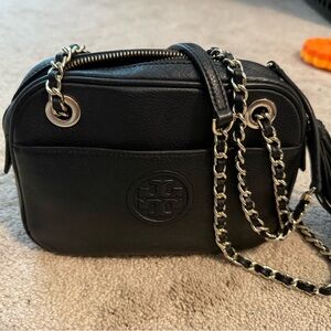 Tory Burch Black Leather Crossbody with Gold Chain Detail